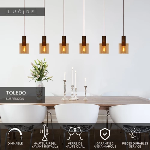 Lucide TOLEDO - Suspension - Ø 20 cm - 3xE27 - Ambre - USP